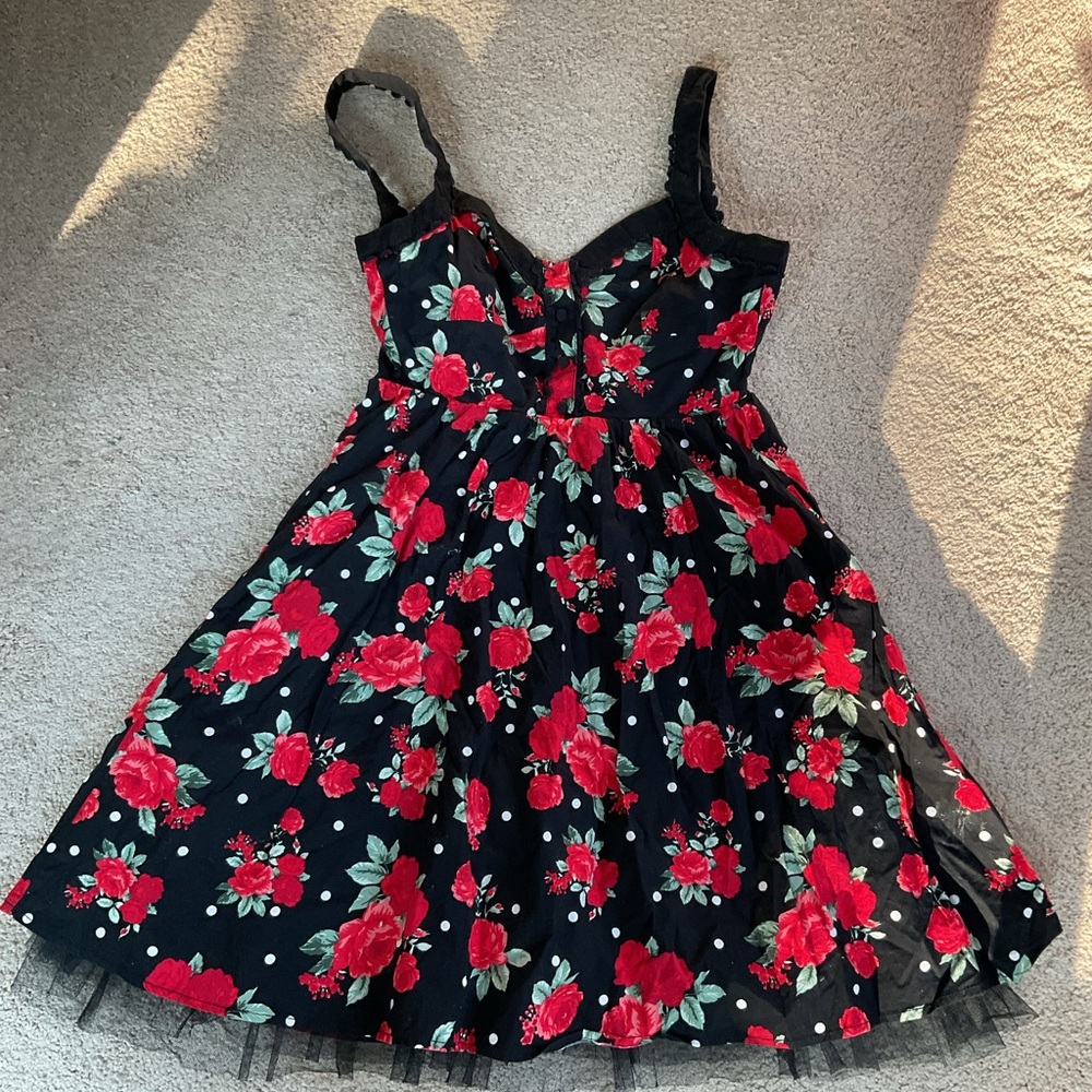 Hot Topic Black Dress with Red and Green Floral Design